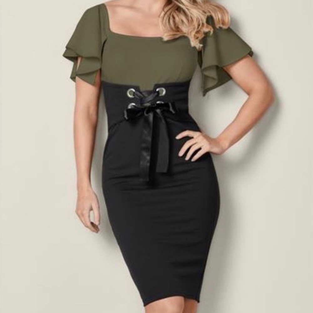 VENUS Corset Flutter Sleeve Sheath Dress in Olive and Black